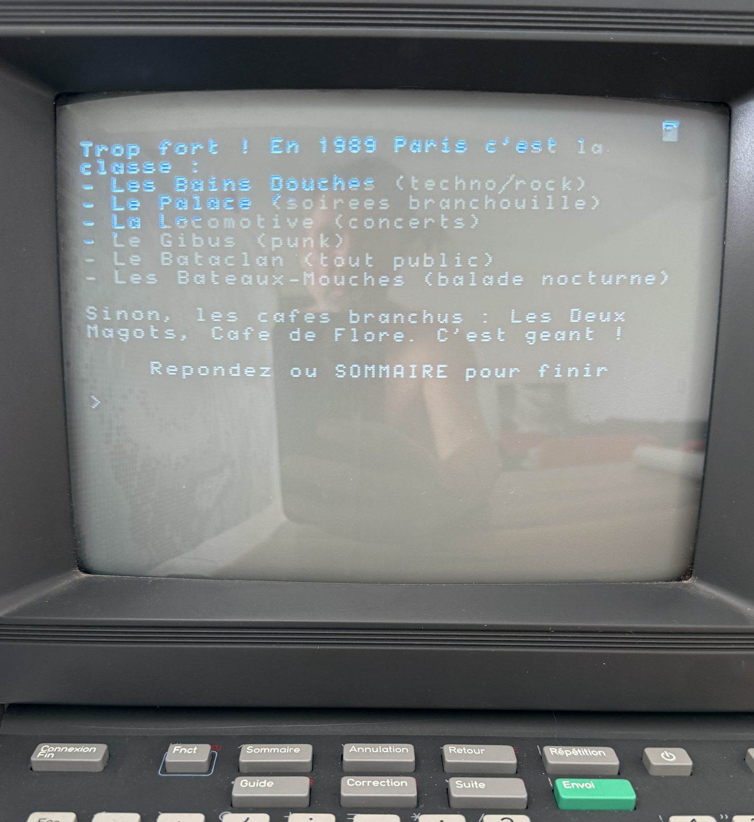 Écran du Minitel en dialogue avec l'IA